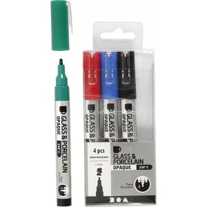 Glas- und Porzellanmarker - Schwarz - Blau - Grün - Rot - halbopak - 1-2 mm - 4 Stk Glas- und Porzellanmarker - Schwarz - Blau - Grün - Rot - halbopak - 1-2 mm - 4 Stk
