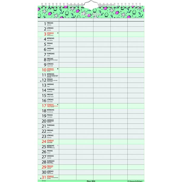 Familienwandkalender - 5 Spalten - Almanacksfrlaget