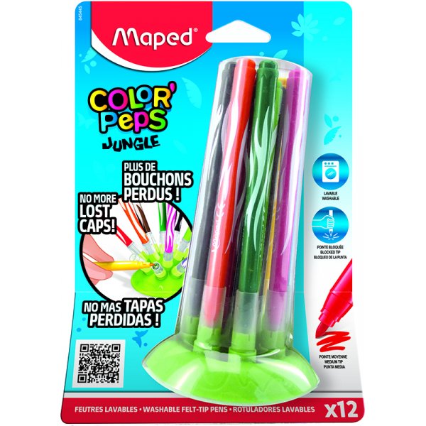 Faserstift-Set - Maped - Color'Peps \\\"Long Life\\\" 12 waschbare Stifte mit Dschungelmotiv und innovativen Kappen