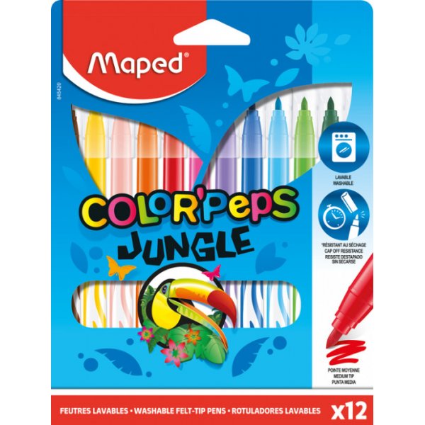 Faserstift-Set - Maped - Color'Peps \\\"Long Life\\\" 12 waschbare Stifte mit Dschungelmotiv