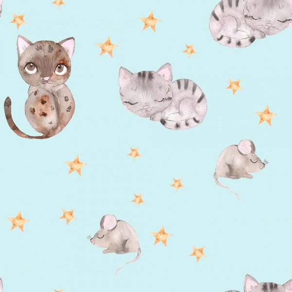 Gemustertes Trikot 150 cm - Katze & Maus mint