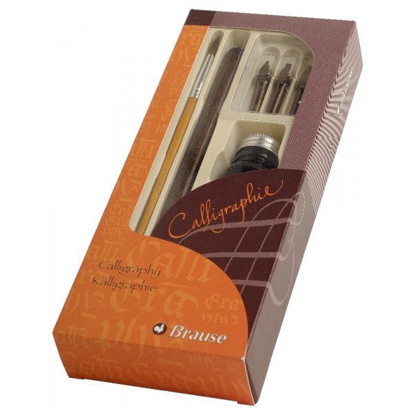 Das Kalligraphie-Set mit Griff, Pinsel, 3 Stiften und 10-ml-Tintenflasche