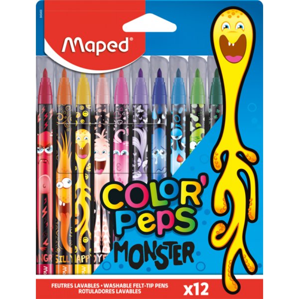 Faserstiftset - Maped - Color'Peps \\\"Long Life\\\" 12 abwaschbare Bleistifte mit Monstermotiv