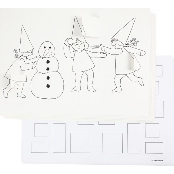 Weihnachtskalender mit Elfen bei Schneeballschlachten - wei - A3 - 30 Stk