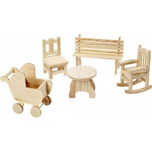 Minimöbel - 5er-Pack - Stuhl - Bank - Schaukelstuhl - Tisch - Kinderwagen Minimöbel - 5er-Pack - Stuhl - Bank - Schaukelstuhl - Tisch - Kinderwagen