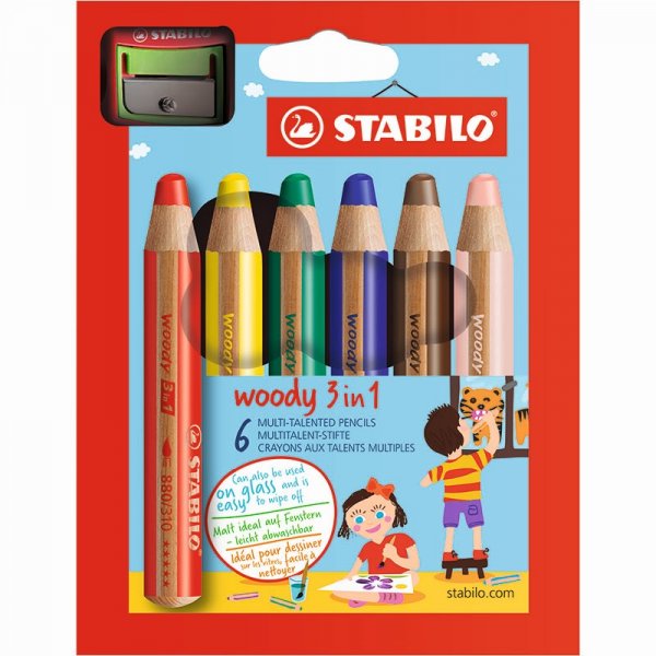 Farbstift Woody mit Spitzer - 6er-Pack