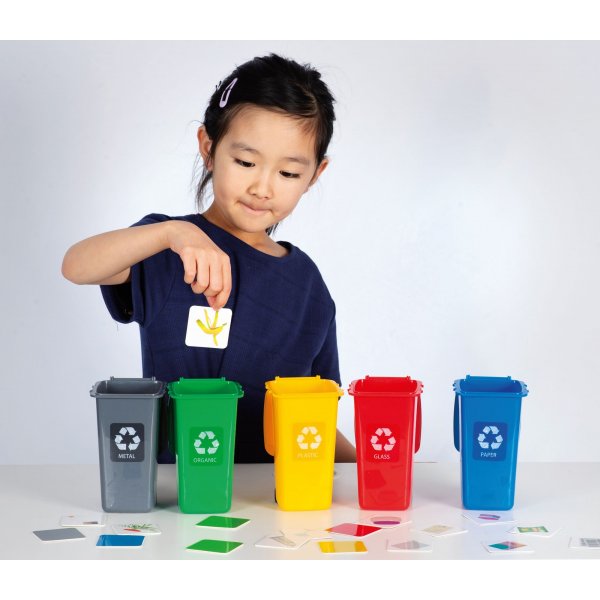 Recyclingspiel mit 5 Mlleimern und Sortierkarten