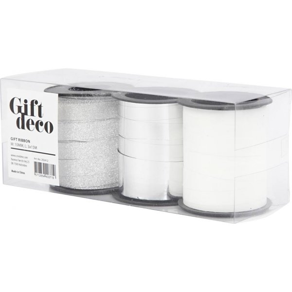 Geschenkkordel - Silber - Silberglitter - Wei� - 3 x 15 m