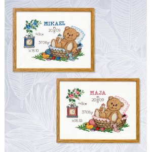 Stickset Geburtshoroskop - Teddybär im Korb Stickset Geburtshoroskop - Teddybär im Korb
