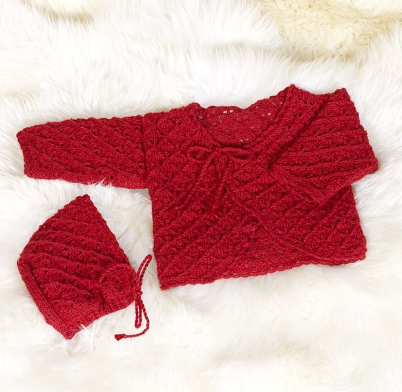 Strickanleitung - Wickeljacke + Mtze im Lochmuster und mit Hkelkante