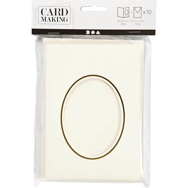 Passepartoutkarte mit Umschlag - gebrochenes Wei - oval mit Goldrand - 10 Sets