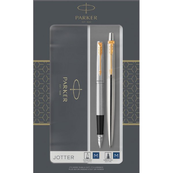 Stiftset Parker Jotter - Duoset Kugelschreiber und Fllfederhalter - Edelstahl - Blauer Edelstahl GT