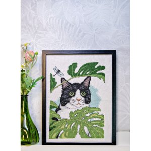 Stickset Leinwand - Katze und Blätter Stickset Leinwand - Katze und Blätter